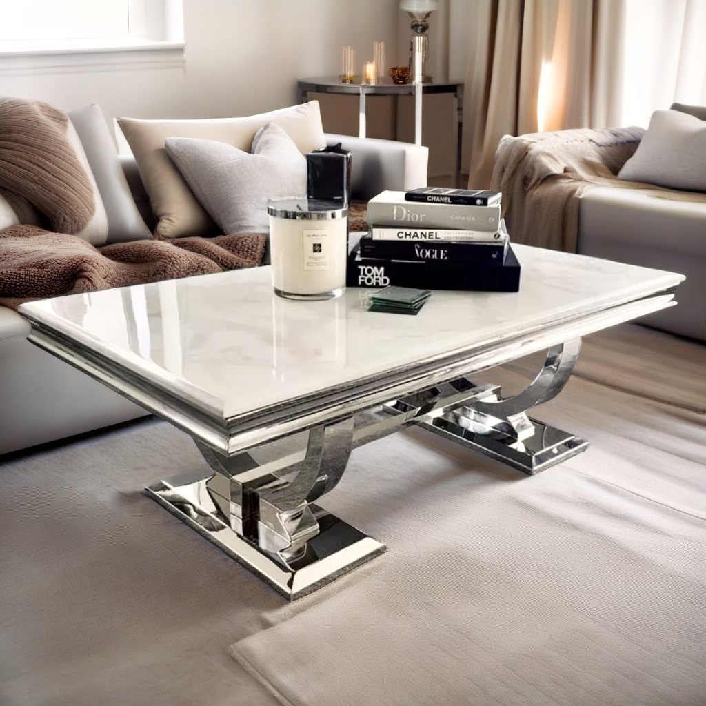 Table Basse Omega Chrome Marbre Blanc 120x70x45 cm